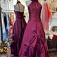 Retro-Diva-Neckholderkleid: Taillenbetonter Rüschenrock, Satin, hochwertiges Partykleid gh6578