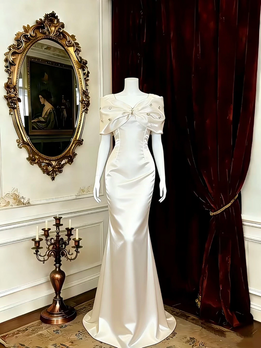 V-Neck Evening Dress With Bow Detail, Waist-Cinched Fitted Bodycon Sexy Long Gown, Fairy Dress, Romantic Formal Dress gh7489