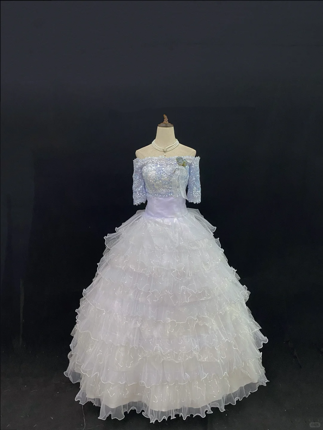 Light Blue Off-the-Shoulder Romantic Gown, Embroidery Details, Cinched Waist, Voluminous Tiered Skirt, Wedding Gown gh8118