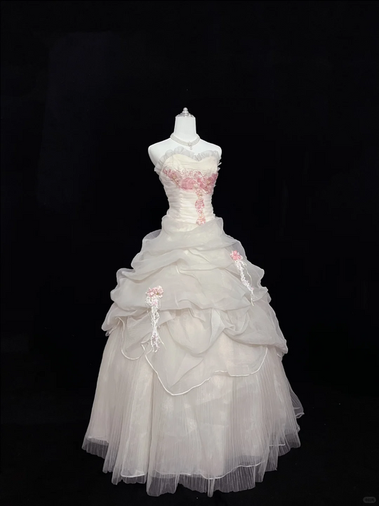 Light Apricot Strapless Cinched Waist Voluminous Skirt Vintage Girly Romantic Dress, Wedding Gown gh8029