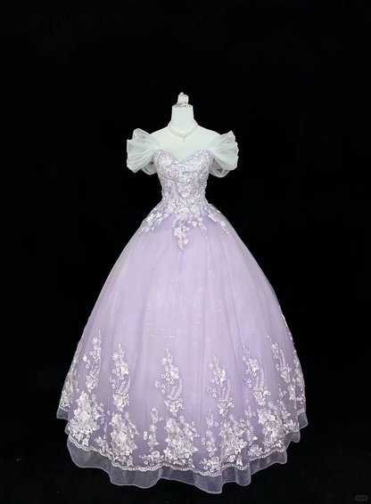 Lavender Vintage Elegant Embroidered Cinched Waist Voluminous Princess Skirt Long Romantic Dress, Wedding Gown gh7983