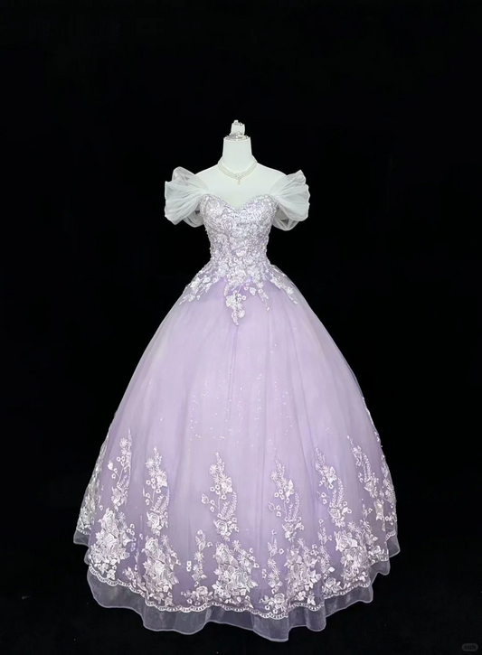 Lavender Vintage Elegant Embroidered Cinched Waist Voluminous Princess Skirt Long Romantic Dress, Wedding Gown gh7983
