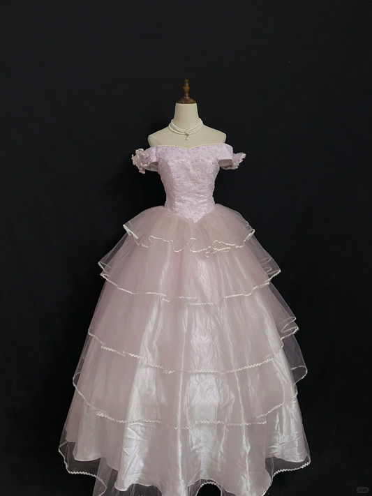 Long Romantic Gown in gradient blush pink, off-the-shoulder design, fitted waist and fluffy tiered cake skirt, wedding dress & bridal gown gh8294