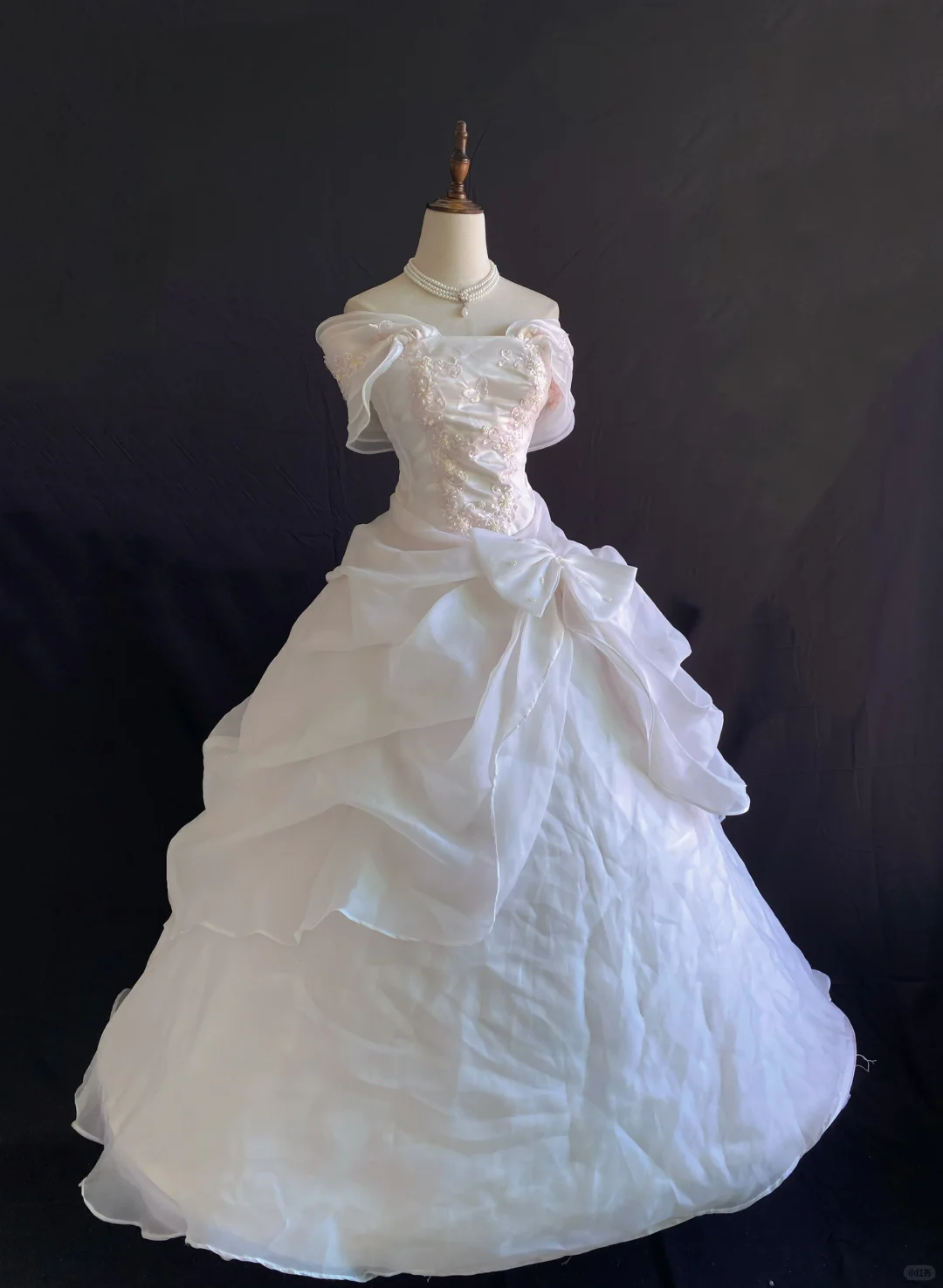 Blush pink off-the-shoulder romantic gown with fitted waist and voluminous princess skirt, wedding dress & bridal gown gh8248
