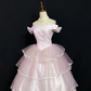 Long Romantic Gown in gradient blush pink, off-the-shoulder design, fitted waist and fluffy tiered cake skirt, wedding dress & bridal gown gh8294