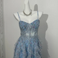 Light Blue Floral Spaghetti Strap Long Prom Evening Gown With Boning & Waist Cinching gh7220