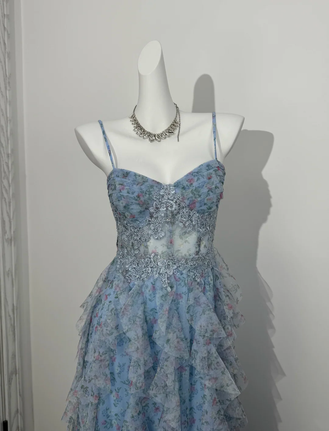 Light Blue Floral Spaghetti Strap Long Prom Evening Gown With Boning & Waist Cinching gh7220
