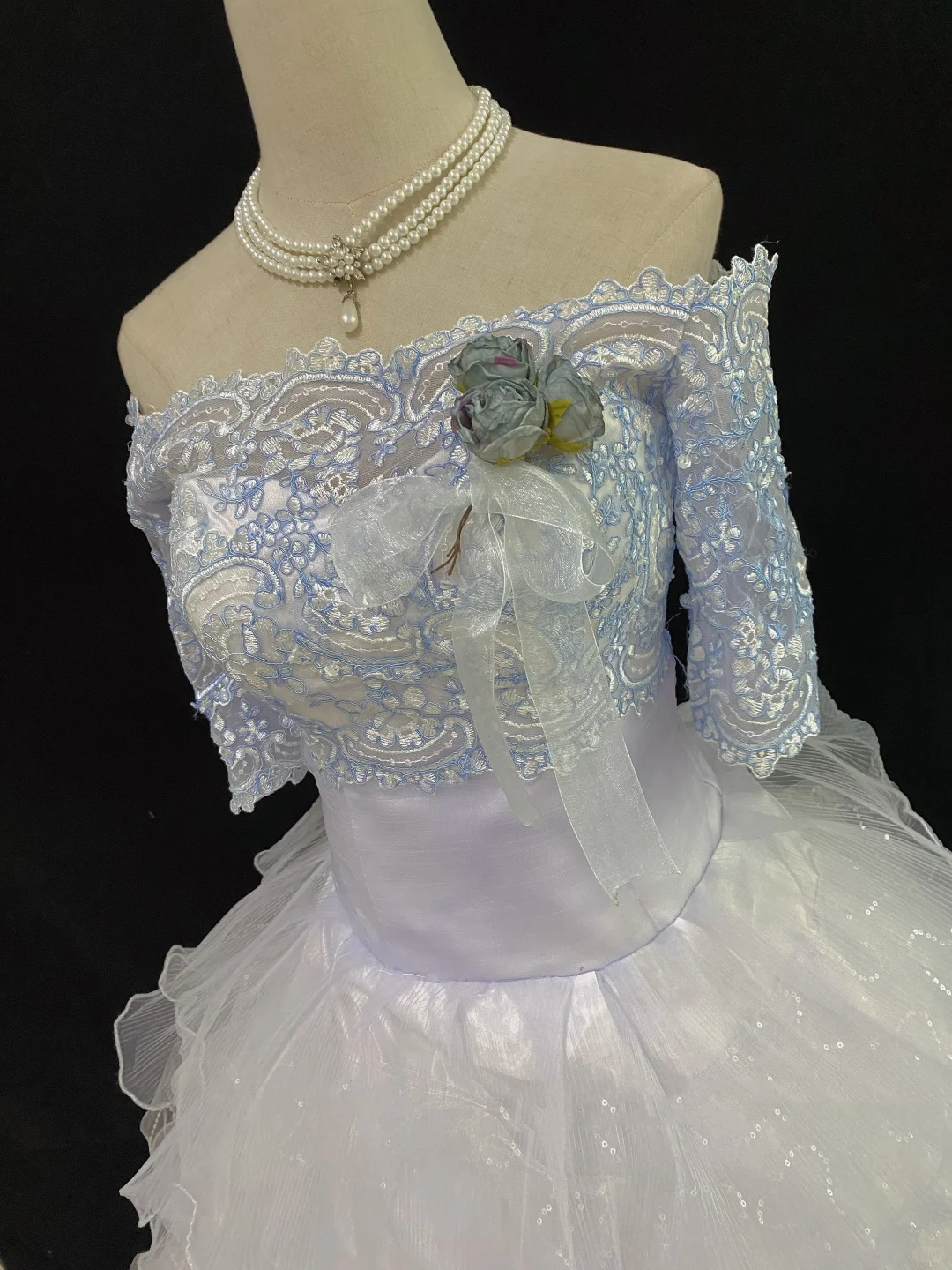 Light Blue Off-the-Shoulder Romantic Gown, Embroidery Details, Cinched Waist, Voluminous Tiered Skirt, Wedding Gown gh8118
