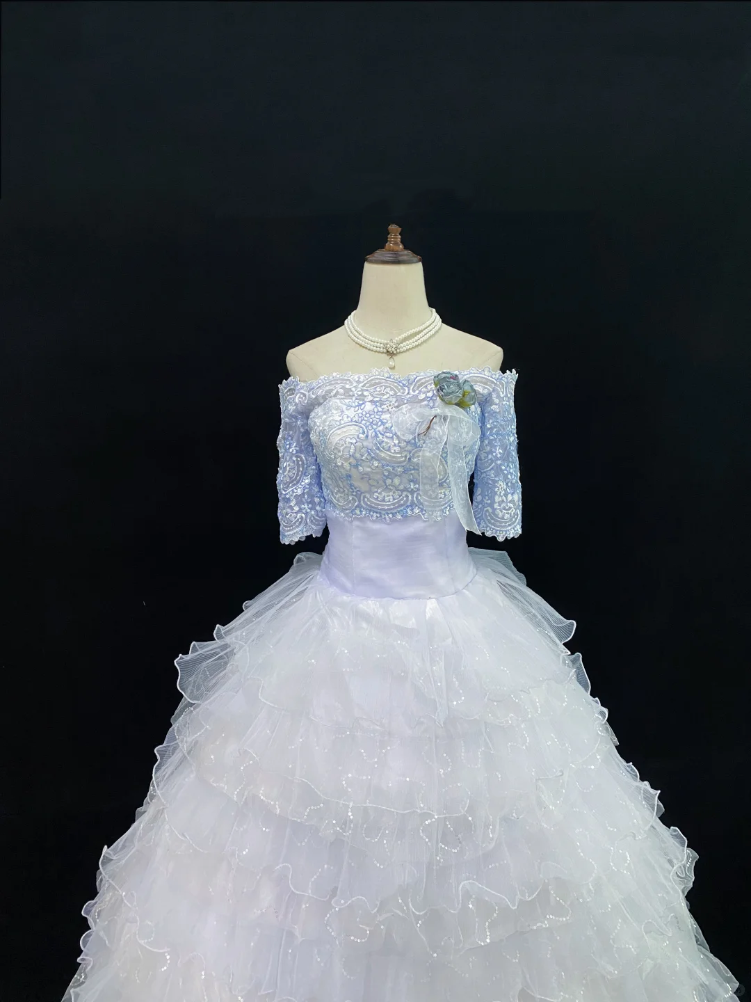 Light Blue Off-the-Shoulder Romantic Gown, Embroidery Details, Cinched Waist, Voluminous Tiered Skirt, Wedding Gown gh8118