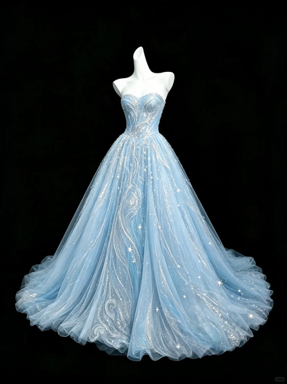 ✨Girlhomeshops-Light Ice Blue Strapless Sweetheart Star Tulle Prom Ball Gown gh10491