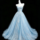✨Girlhomeshops-Light Ice Blue Strapless Sweetheart Star Tulle Prom Ball Gown gh10491