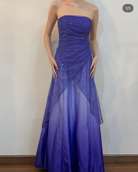 ✨Girlhomeshops-Strapless Royal Blue Vintage Prom Dress, Glitter Tulle Layered Evening Gown gh10255