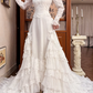 Ivory Vintage Lace Tulle Wedding Gown, High Neck Sheer Lace Over Sweetheart Neck, Long Lace Sleeves With Flared Cuffs, Multi‑Tiered Ruffle Lace Cake Skirt, Prom Dress gh8636