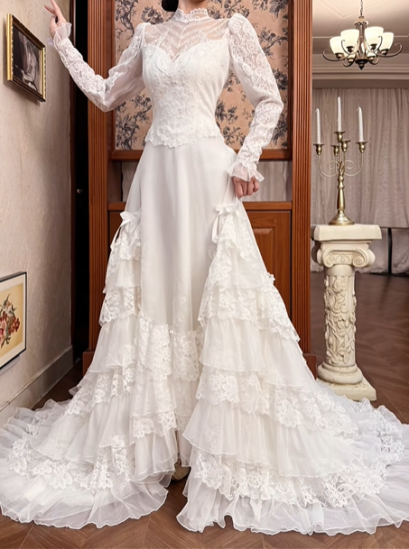 Ivory Vintage Lace Tulle Wedding Gown, High Neck Sheer Lace Over Sweetheart Neck, Long Lace Sleeves With Flared Cuffs, Multi‑Tiered Ruffle Lace Cake Skirt, Prom Dress gh8636