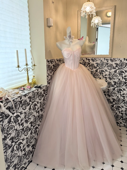 Light Pink Strapless Waist-Cinched Voluminous Skirt Princess Elegant Romantic Dress, Wedding Gown gh7653