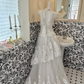 White Strapless Lace Cinched Waist Full Flared Skirt Sexy Elegant Romantic Dress, Wedding Gown gh7794
