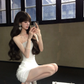 Women Elegant White Strapless Homecoming Dress Ruched Twist Front Bodycon Short Party Dress gh9424