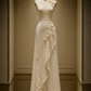 ✨Girlhomeshops-Cream White Lace 3D Floral Asymmetric Ruffle Sleeveless Qipao Cheongsam gh10399