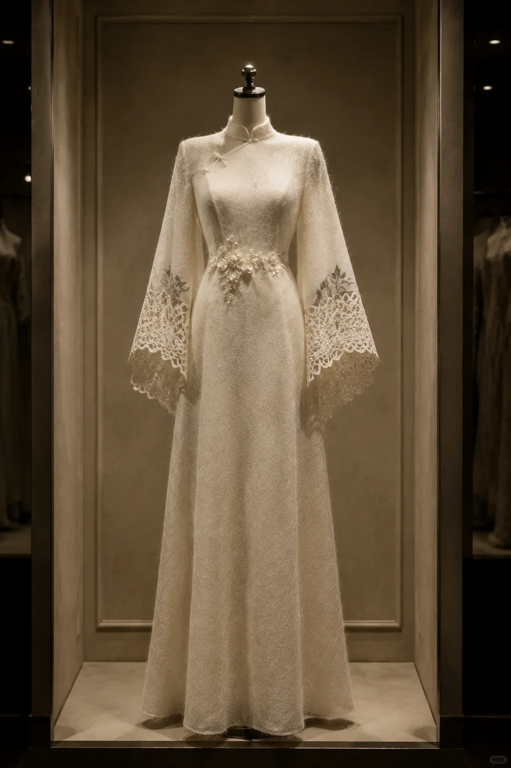 ✨Girlhomeshops-Cream Textured Lace Bell Sleeve 3D Flower Qipao Cheongsam Evening Gown gh10392
