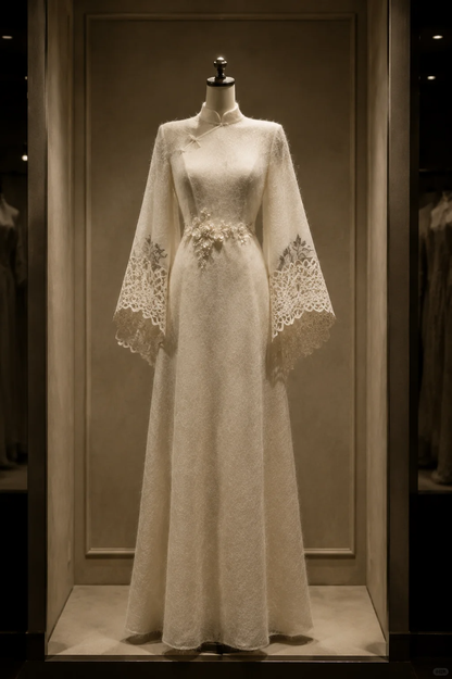 ✨Girlhomeshops-Cream Textured Lace Bell Sleeve 3D Flower Qipao Cheongsam Evening Gown gh10392