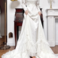 Ivory Vintage Ruffled‑V‑Neck Lace Puff‑Sleeve Diagonal‑Ruffle Long Train Wedding Dress gh8776