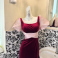 Burgundy Square Neck Puff Sleeve Waist-Cinched Fitted Elegant Vintage Romantic Gown gh7557
