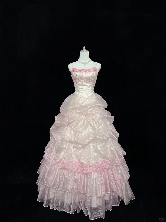 Blush Pink Gradient Spaghetti Straps Cinched Waist Voluminous Princess Skirt Romantic Dress, Wedding Gown gh8030