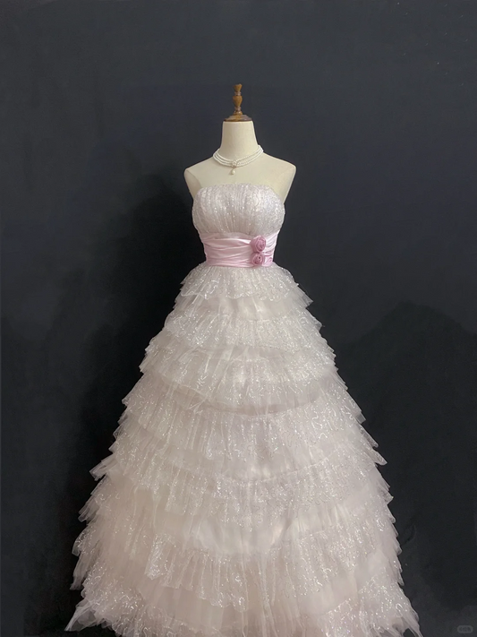 Blush Pink Strapless Long Romantic Wedding Dress, Sequin Details, Cinched Waist, Voluminous Tiered Cake Skirt gh8345