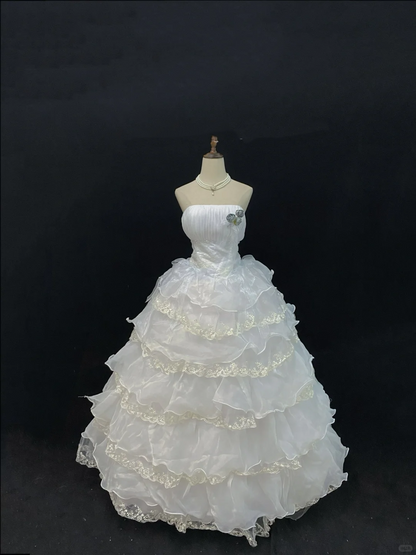 Off-White Strapless Long Romantic Gown, Cinched Waist, Voluminous Tiered Skirt, Wedding Dress & Bridal Gown gh8119