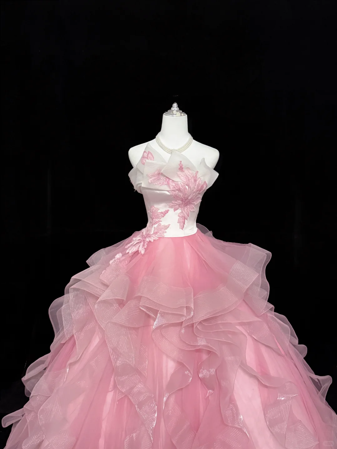 Pink Strapless Cinched Waist Voluminous Princess Skirt Long Romantic Dress, Wedding Gown gh7895