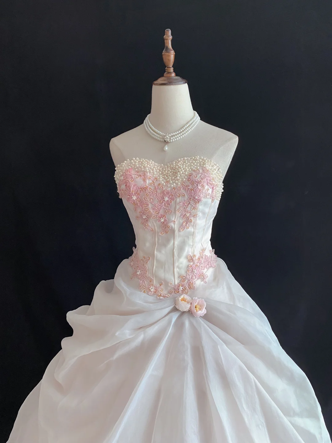 Blush Pink Strapless Romantic Gown With Beaded Details, Cinched Waist & Voluminous Princess Skirt, Wedding Dress & Bridal Gown gh8164