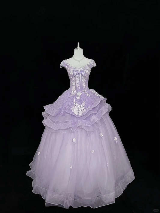 Lavender Spaghetti Strap Cinched Waist Ruffled Voluminous Skirt Elegant Romantic Dress, Wedding Gown gh7984