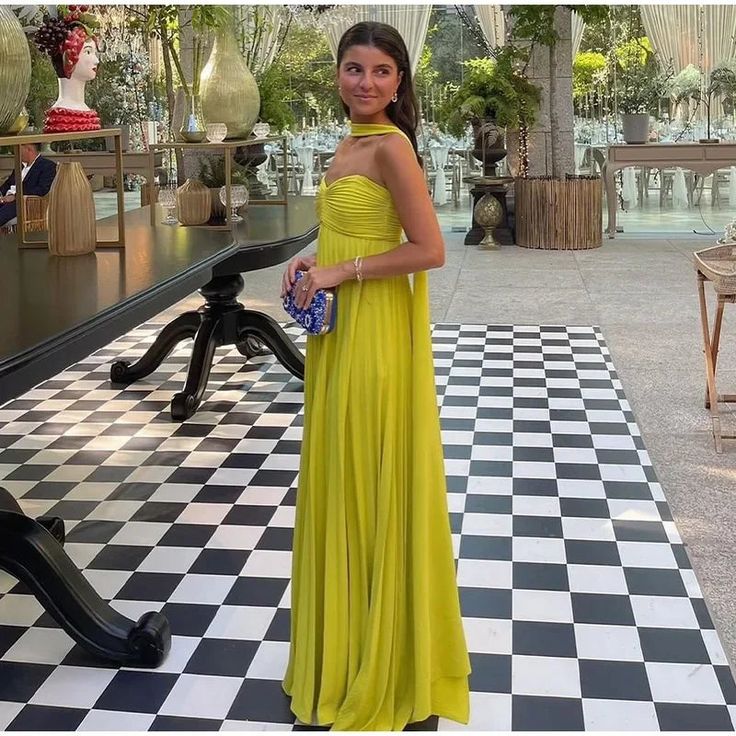 Robe de soirée longue en mousseline de soie, simple et élégante, avec haut tube et épaules dénudées, avec foulard, jaune et vert, gh3662