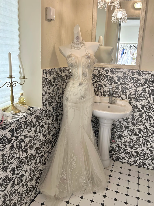 Ivory Strapless Waist-Cinched Slim Fit Hip-Hugging Sexy Mermaid Skirt Romantic Dress, Wedding Gown gh7694