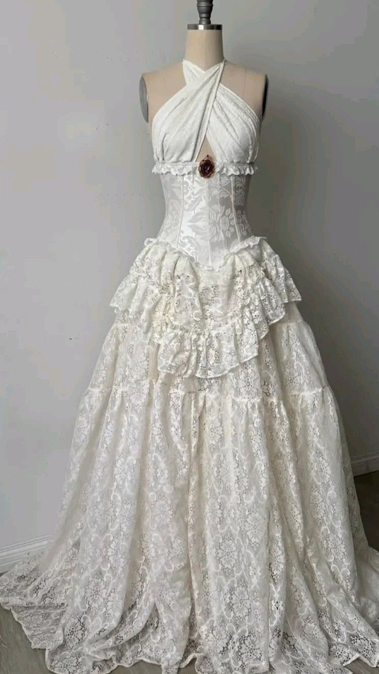 ✨Girlhomeshops-Crisscross Halter Cream Lace Corset Vintage Wedding Prom Gown gh10215