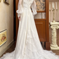 White Vintage Chiffon Wedding Gown, Lace High Neck Over V‑Neck, Ruffle Lace Shoulder Trim, Chiffon Puff Long Sleeves, Lace Embroidered Cuffs, Lace Appliqués Empire Waist, A‑Line Long Skirt With Multi‑Layer Ruffle Lace Hem, Prom & Wedding Dress gh8668
