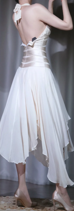 ✨Girlhomeshops-Ivory Halter Midi Prom Gown V Neck Open Back Irregular Ruffle Hem Chiffon Cocktail Dress gh10104