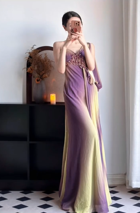 Purple‑Yellow‑Ombre‑Greek‑Gown One‑Shoulder‑V‑Neck Hand‑Beaded‑Bodice Flowy‑Chiffon Detachable‑Long‑Sash Draped‑Floor‑Length Retro‑Goddess‑Evening‑Dress gh8846