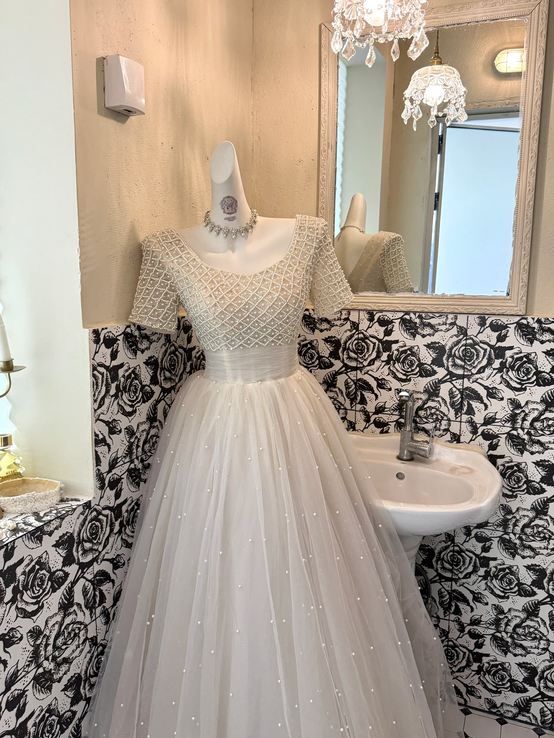 Ivory Beaded Bodice Waist-Cinched Full Flared Elegant Vintage Romantic Dress, Wedding Gown gh7592