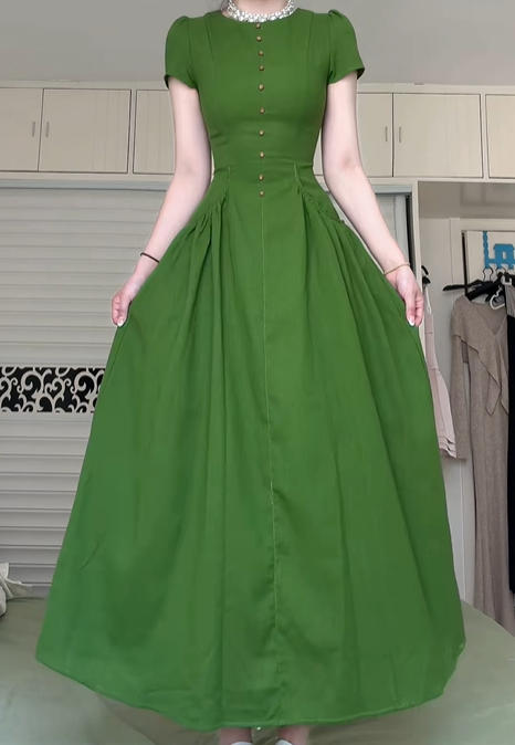 Vintage Forest Green Round Neck Short Sleeve Long Evening Gown, Metal Button A‑Line Full Skirt Formal Prom Dress gh9017
