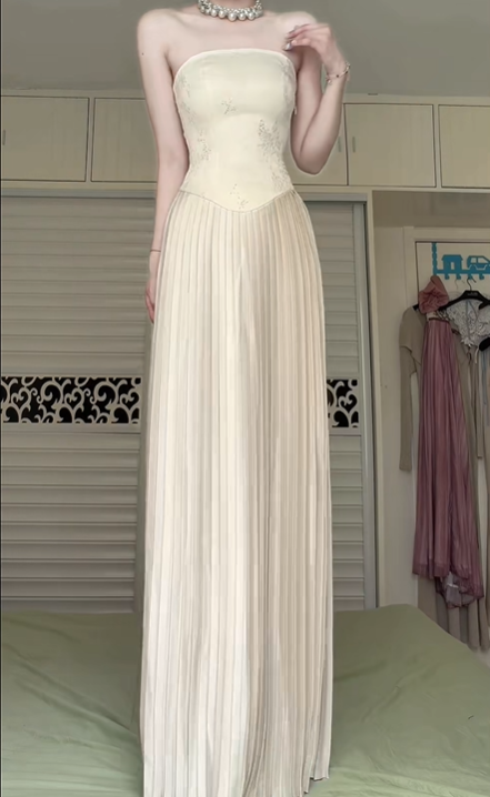 Cream Strapless Long Evening Gown, Beaded Embroidered Bodice Pleated Maxi Formal Prom Dress gh9025