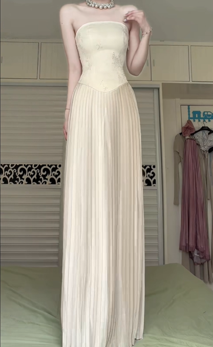 Cream Strapless Long Evening Gown, Beaded Embroidered Bodice Pleated Maxi Formal Prom Dress gh9025