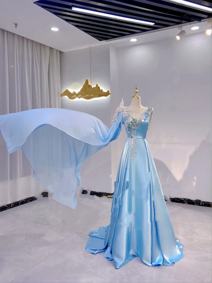 Light Blue Elegant Evening Dress with Unique Rhinestone Neckline, Waist-Cinched Slim Fit, Fairy Gown, Romantic Gown gh7413