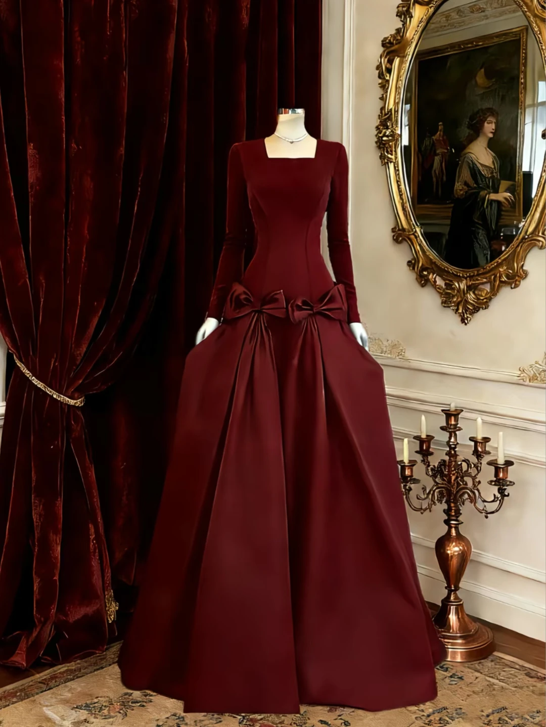 Luxury Square Neck Long Sleeve Waist-Cinched Fitted Full Flared Long Evening Dress, Fairy Gown, Romantic Gown gh7491
