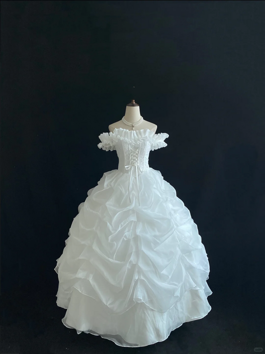 White Off-the-Shoulder Lovely Elegant Romantic Gown, Voluminous Tiered Skirt, Wedding Dress & Bridal Gown gh8120