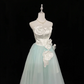 White Satin Strapless Cinched Waist Mint Green Skirt Elegant Long Romantic Gown gh7945