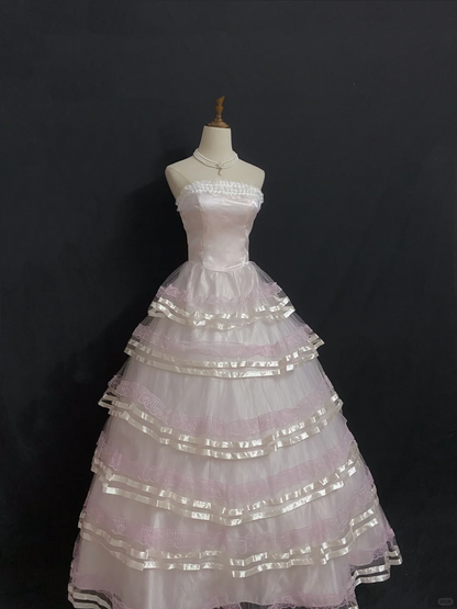 Blush Pink Strapless Long Romantic Gown with Cinched Waist and Voluminous Princess Skirt, Wedding Bridal Dress gh8346