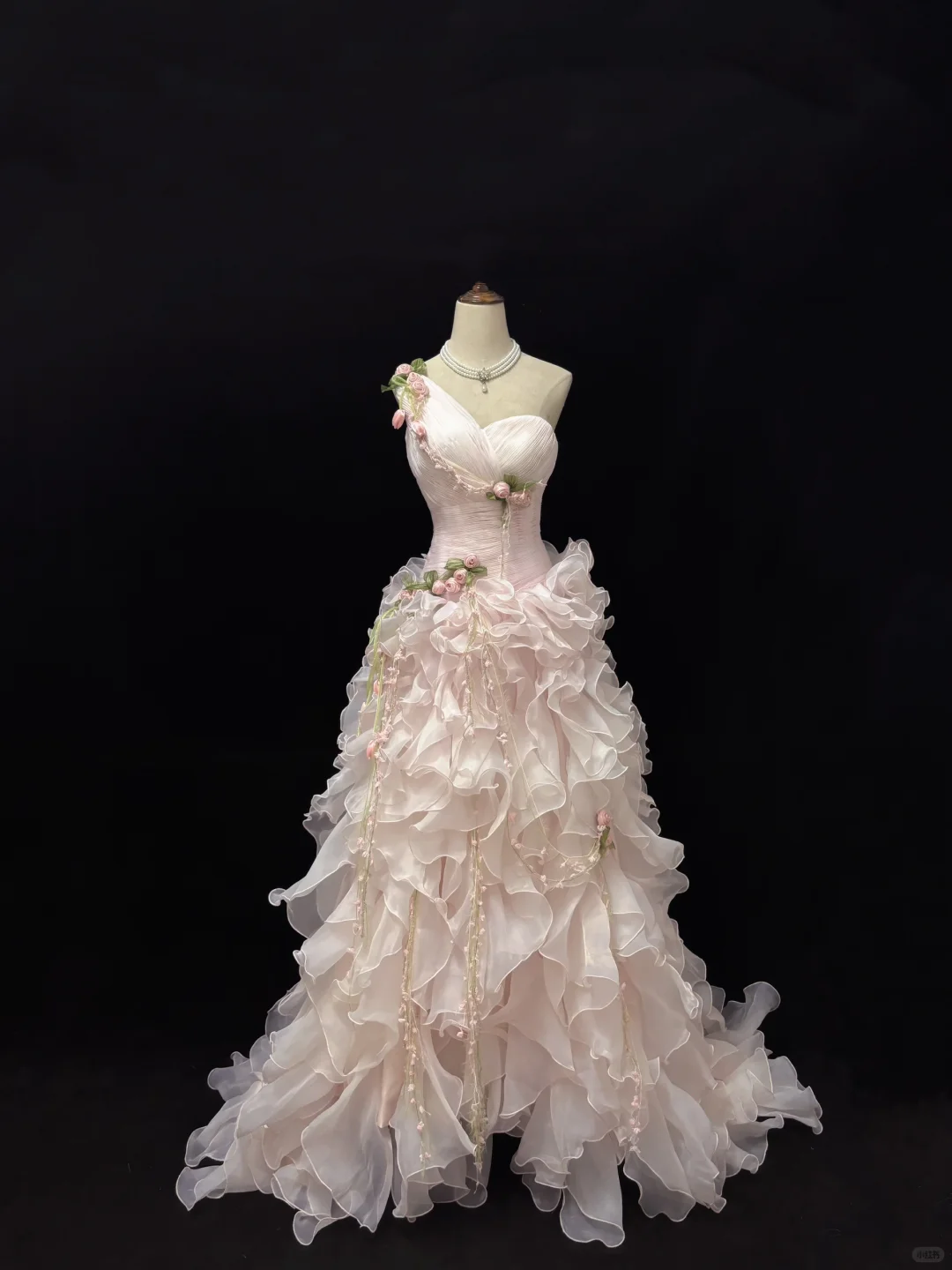 Blush Pink One-Shoulder Girly Elegant Cinched Waist Tiered Skirt Long Vintage Romantic Dress, Wedding Gown gh7985