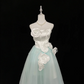 White Satin Strapless Cinched Waist Mint Green Skirt Elegant Long Romantic Gown gh7945