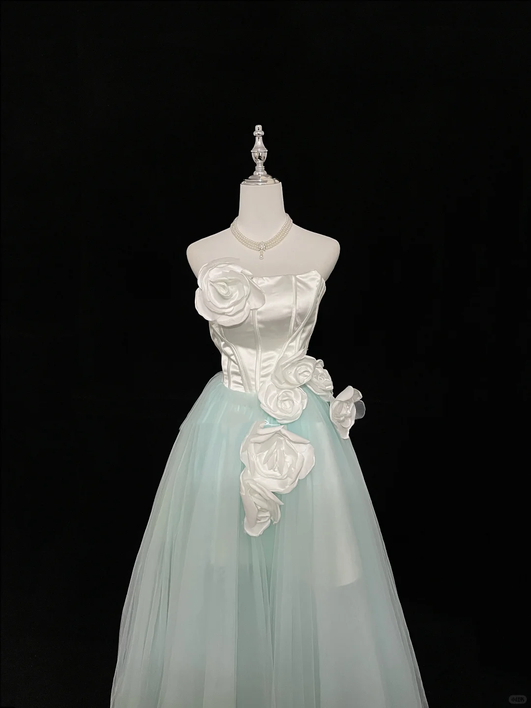 White Satin Strapless Cinched Waist Mint Green Skirt Elegant Long Romantic Gown gh7945